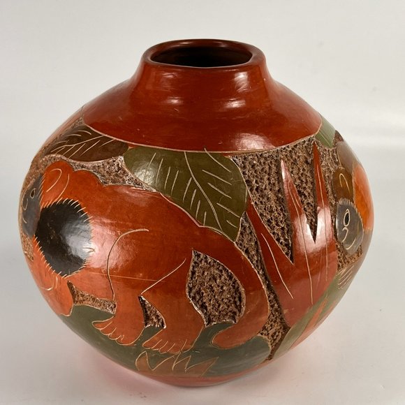 Nicaragua Monkey Vase Clay Pottery Carved Incised Folk Art Rustic 5" - Picture 5 of 16